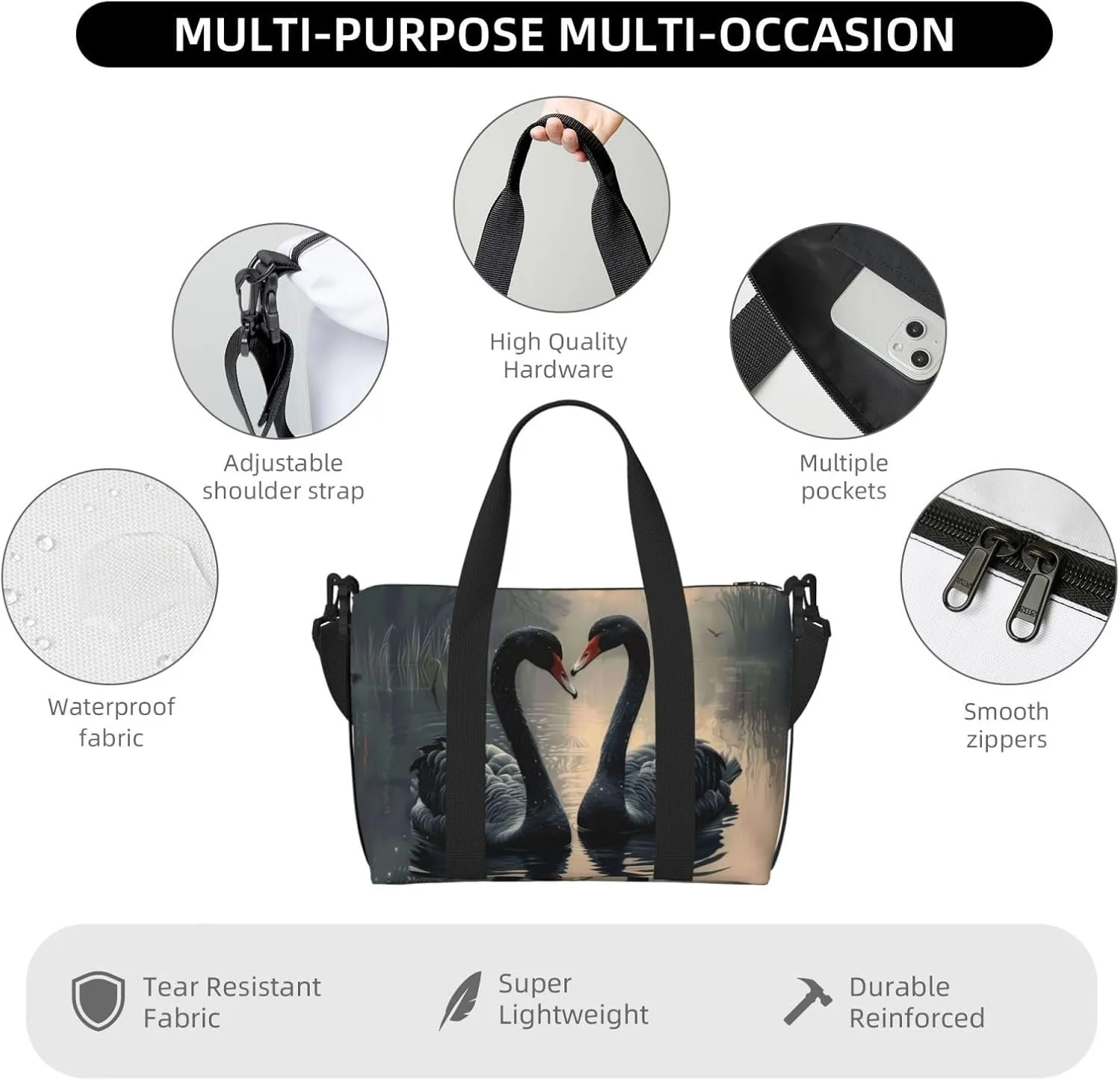 black swans print Travel Duffel Bag, Sports Tote Gym Bag, Swim Pool Bag Large Shoulder Tote Bag for Beach Weekender