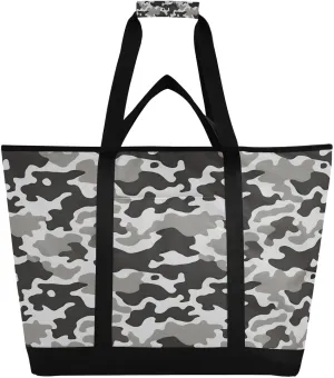 Black White Camouflage Reusable Insulated Lunchbox Cooler Bag, Leakproof Kitchen Grocery Bag Collapsible Portable Cooler Tote Bag for Picnic, Camping, Office, Travel