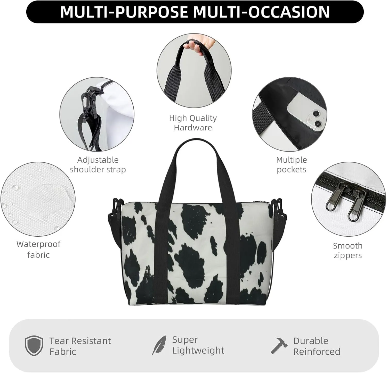 black white cow print Travel Duffel Bag, Sports Tote Gym Bag, Swim Pool Bag Large Shoulder Tote Bag for Beach Weekender, 202-406-121
