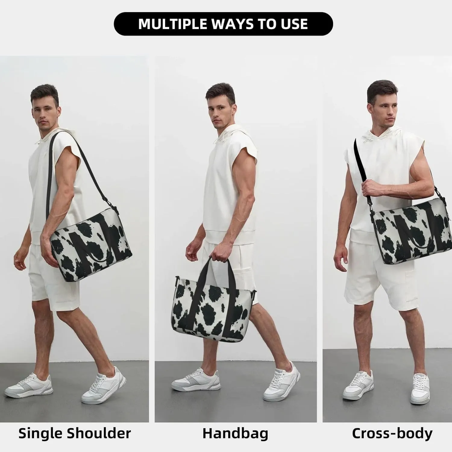 black white cow print Travel Duffel Bag, Sports Tote Gym Bag, Swim Pool Bag Large Shoulder Tote Bag for Beach Weekender, 202-406-121
