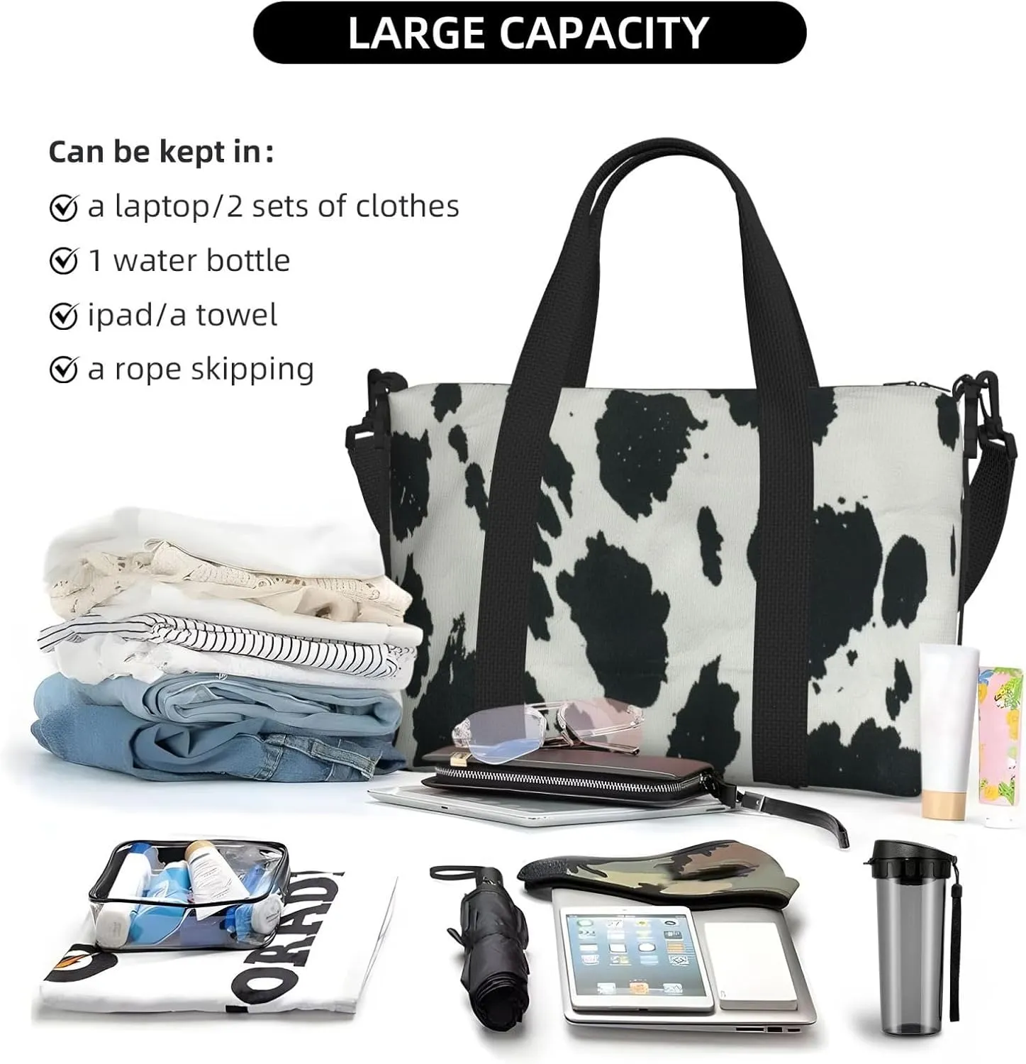 black white cow print Travel Duffel Bag, Sports Tote Gym Bag, Swim Pool Bag Large Shoulder Tote Bag for Beach Weekender, 202-406-121