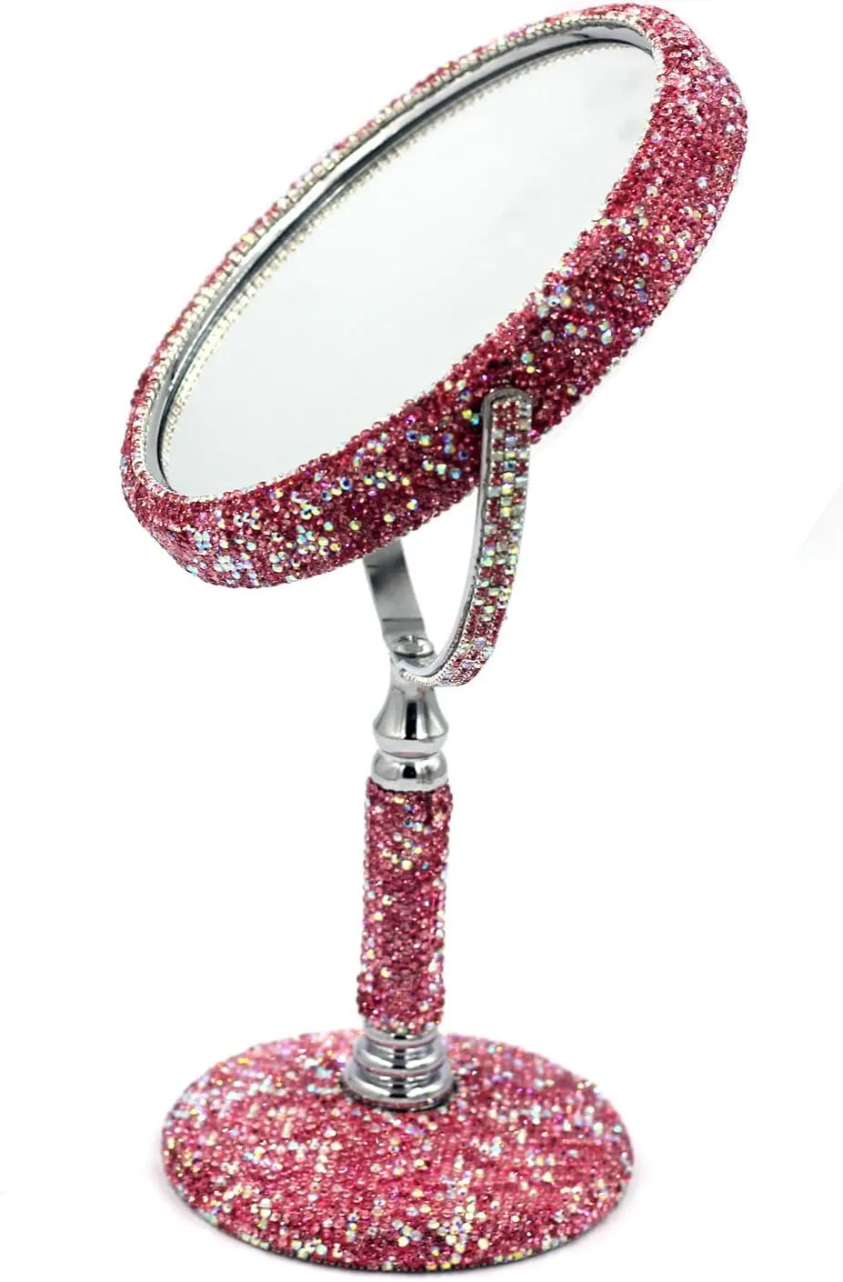 Bling Rhinestone Double-Sided Tabletop Makeup Mirror, Round Metal Makeup Mirror with 1:2 Magnifying Mirror, Rotating Mirror (Pink)