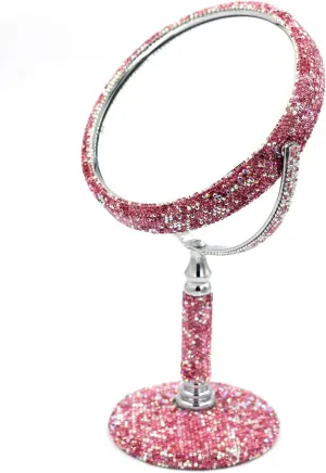 Bling Rhinestone Double-Sided Tabletop Makeup Mirror, Round Metal Makeup Mirror with 1:2 Magnifying Mirror, Rotating Mirror (Pink)