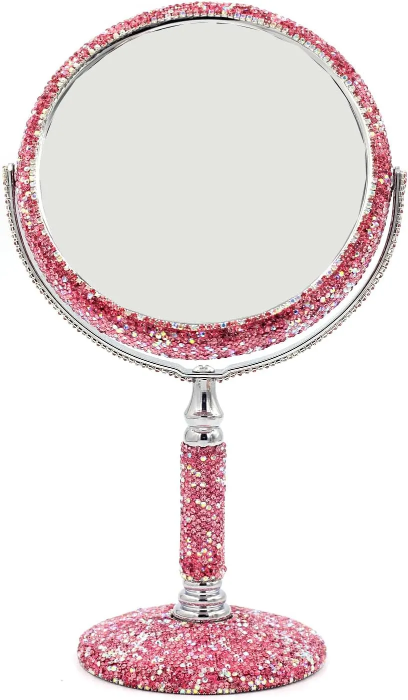 Bling Rhinestone Double-Sided Tabletop Makeup Mirror, Round Metal Makeup Mirror with 1:2 Magnifying Mirror, Rotating Mirror (Pink)