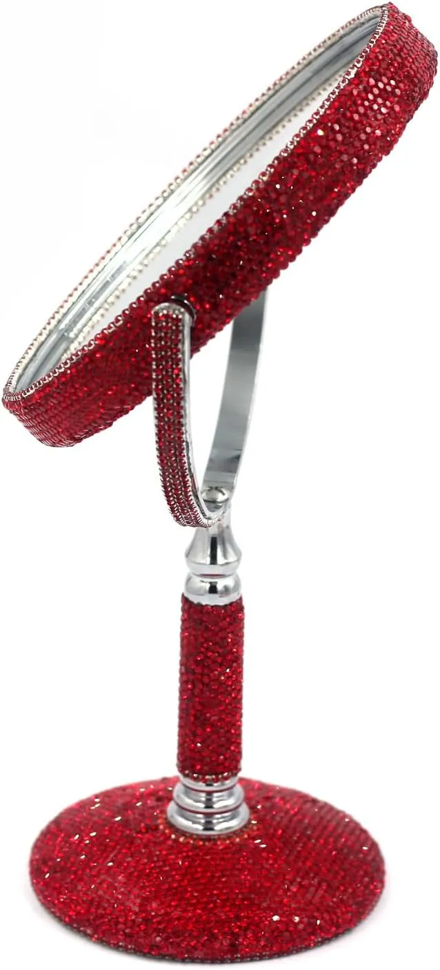 Bling Rhinestone Double-Sided Tabletop Makeup Mirror, Round Metal Makeup Mirror with 1:2 Magnifying Mirror, Rotating Mirror (Red)