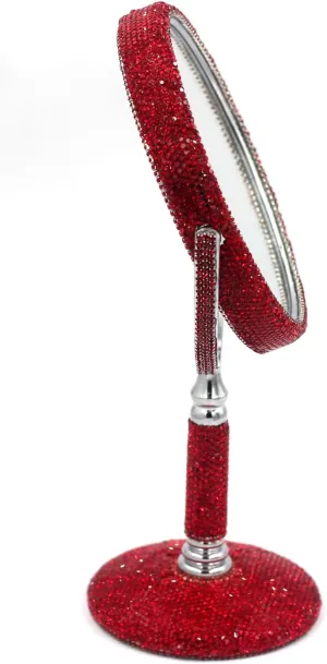 Bling Rhinestone Double-Sided Tabletop Makeup Mirror, Round Metal Makeup Mirror with 1:2 Magnifying Mirror, Rotating Mirror (Red)