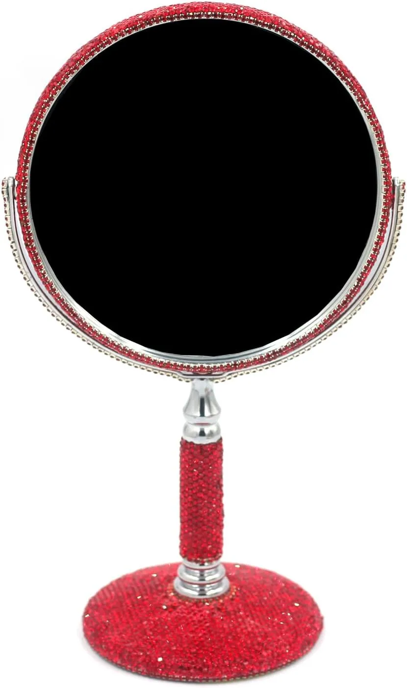 Bling Rhinestone Double-Sided Tabletop Makeup Mirror, Round Metal Makeup Mirror with 1:2 Magnifying Mirror, Rotating Mirror (Red)