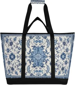 Blue and White Pattern Reusable Insulated Lunchbox Cooler Bag, Leakproof Kitchen Grocery Bag Collapsible Portable Cooler Tote Bag for Picnic, Camping, Office, Travel