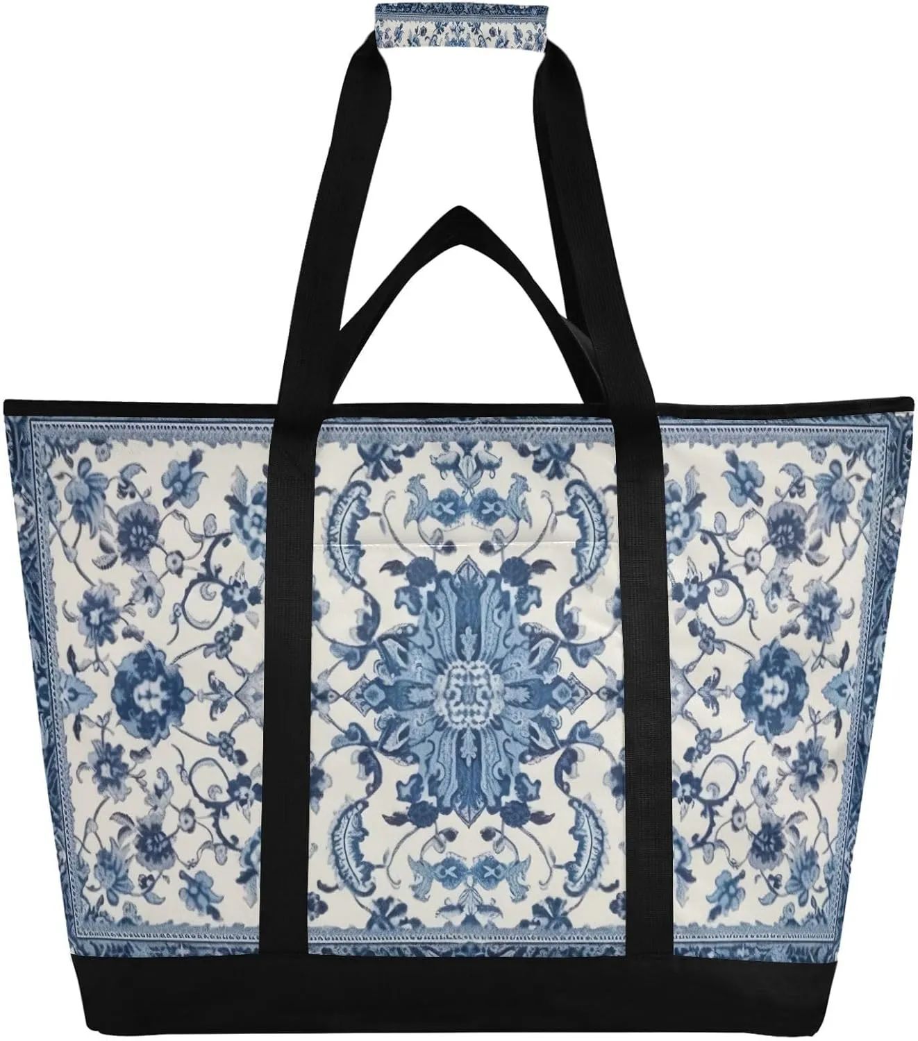 Blue and White Pattern Reusable Insulated Lunchbox Cooler Bag, Leakproof Kitchen Grocery Bag Collapsible Portable Cooler Tote Bag for Picnic, Camping, Office, Travel