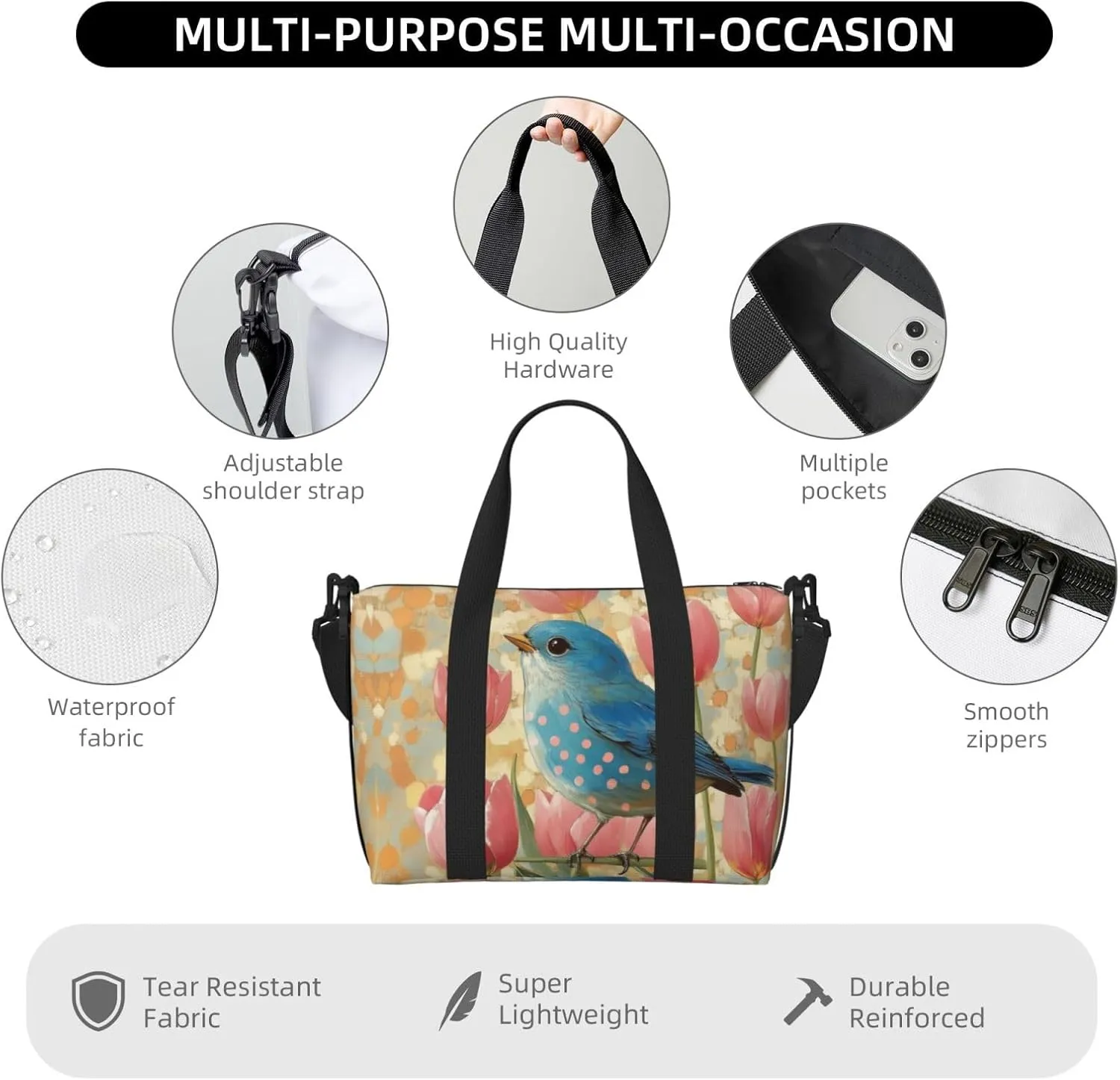 blue bird print Travel Duffel Bag, Sports Tote Gym Bag, Swim Pool Bag Large Shoulder Tote Bag for Beach Weekender