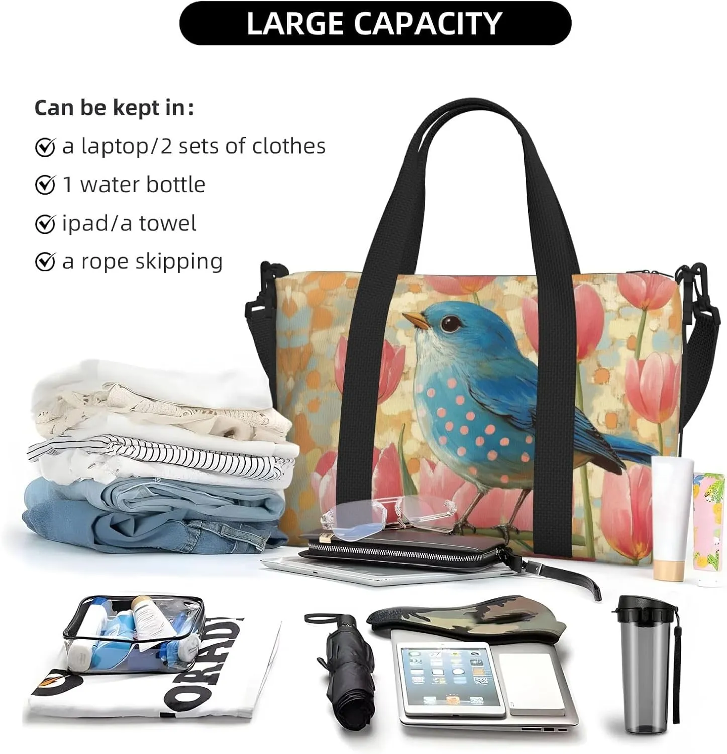 blue bird print Travel Duffel Bag, Sports Tote Gym Bag, Swim Pool Bag Large Shoulder Tote Bag for Beach Weekender