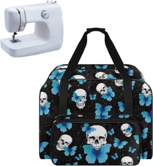 Blue Butterflies and Skulls Christmas Lights Sewing Machine Carrying Case with Zippers, Portable Sewing Machine Carry Bag Tote Cover Bag with Pocket and Handle for Most Sewing Machines
