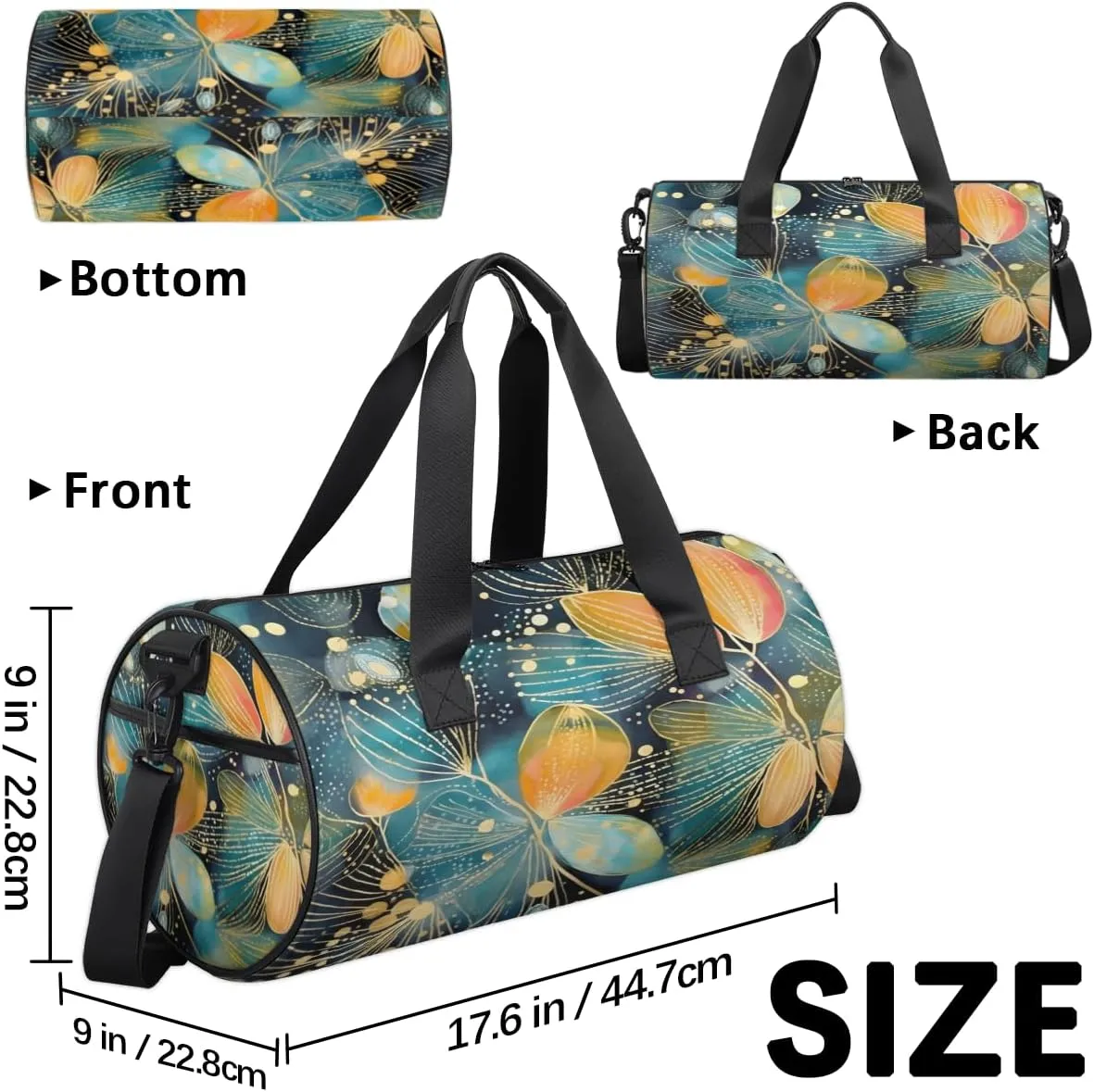 Blue Gold Leaf Artwork Sports Duffel Bag with Shoulder Strap, Large Capacity Gym Bag with Shoe Compartment, Water Resistant Travel Duffle Bag for Men Women Travel, Sports (17.6x9x9 Inch)