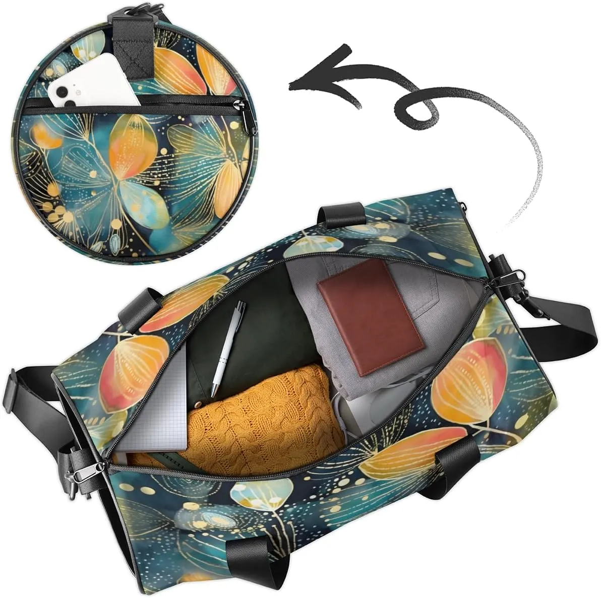 Blue Gold Leaf Artwork Sports Duffel Bag with Shoulder Strap, Large Capacity Gym Bag with Shoe Compartment, Water Resistant Travel Duffle Bag for Men Women Travel, Sports (17.6x9x9 Inch)