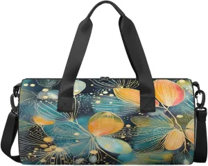 Blue Gold Leaf Artwork Sports Duffel Bag with Shoulder Strap, Large Capacity Gym Bag with Shoe Compartment, Water Resistant Travel Duffle Bag for Men Women Travel, Sports (17.6x9x9 Inch)