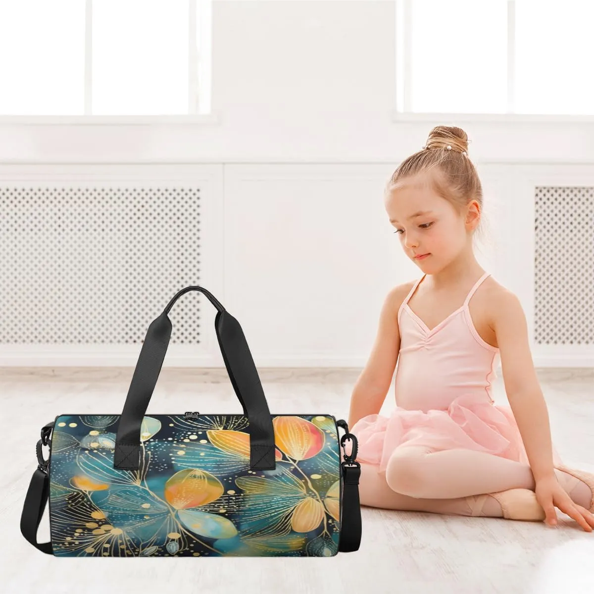 Blue Gold Leaf Artwork Sports Duffel Bag with Shoulder Strap, Large Capacity Gym Bag with Shoe Compartment, Water Resistant Travel Duffle Bag for Men Women Travel, Sports (17.6x9x9 Inch)