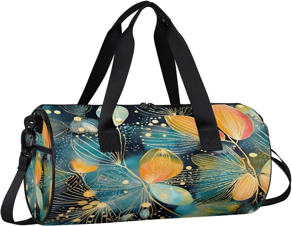 Blue Gold Leaf Artwork Sports Duffel Bag with Shoulder Strap, Large Capacity Gym Bag with Shoe Compartment, Water Resistant Travel Duffle Bag for Men Women Travel, Sports (17.6x9x9 Inch)