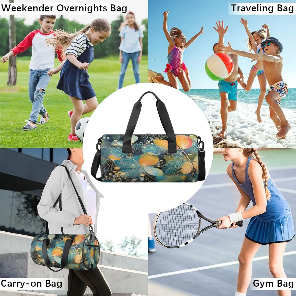 Blue Gold Leaf Artwork Sports Duffel Bag with Shoulder Strap, Large Capacity Gym Bag with Shoe Compartment, Water Resistant Travel Duffle Bag for Men Women Travel, Sports (17.6x9x9 Inch)