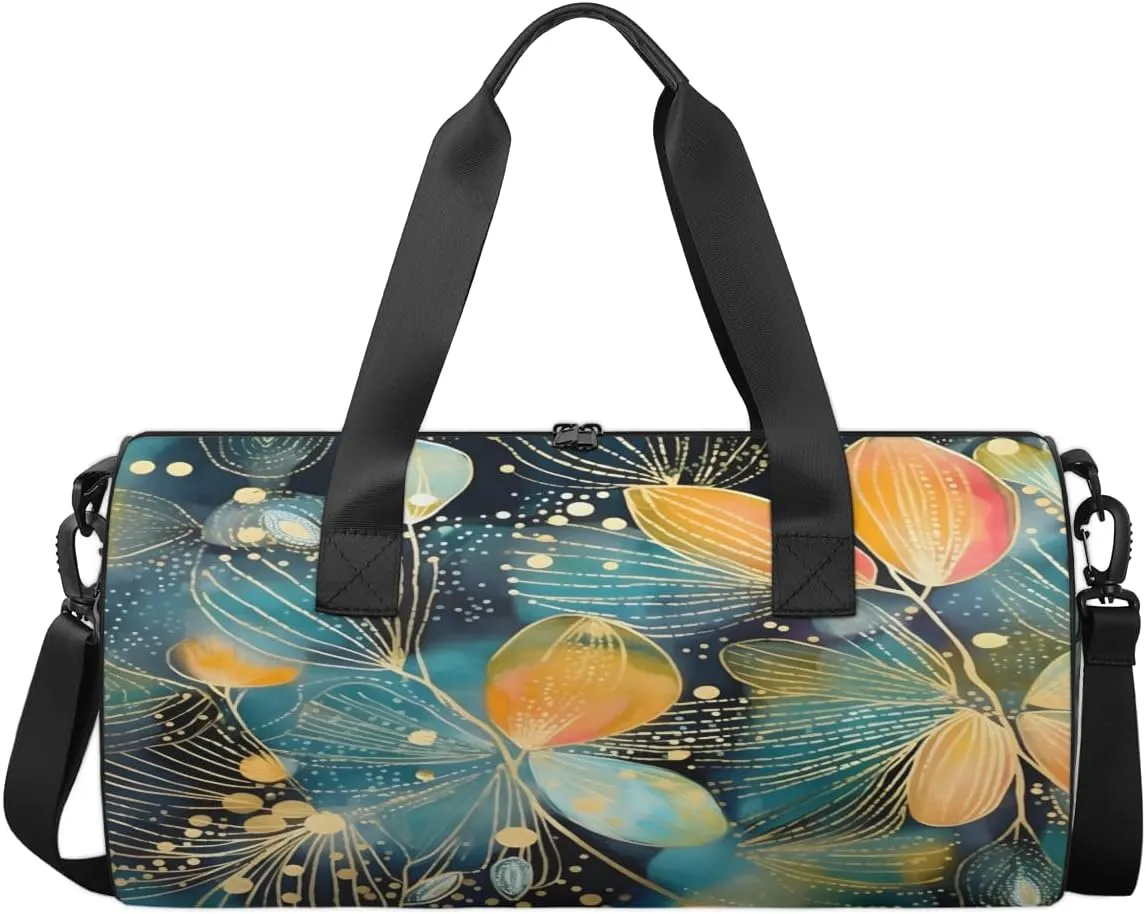 Blue Gold Leaf Artwork Sports Duffel Bag with Shoulder Strap, Large Capacity Gym Bag with Shoe Compartment, Water Resistant Travel Duffle Bag for Men Women Travel, Sports (17.6x9x9 Inch)