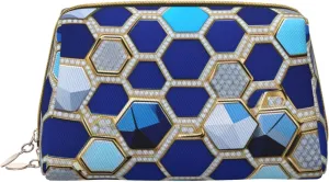 Blue Hexagons And Diamond Toiletry Travel Bag, Portable Cosmetic Organizer For Women, On-The-Go