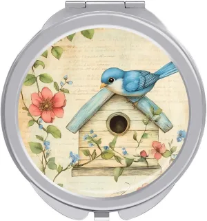 Blue Jay Bird Birdhouse Flower Compact Makeup Mirror Mini Foldable Cosmetic Mirror Portable Travel Mirror for Purse Pocket