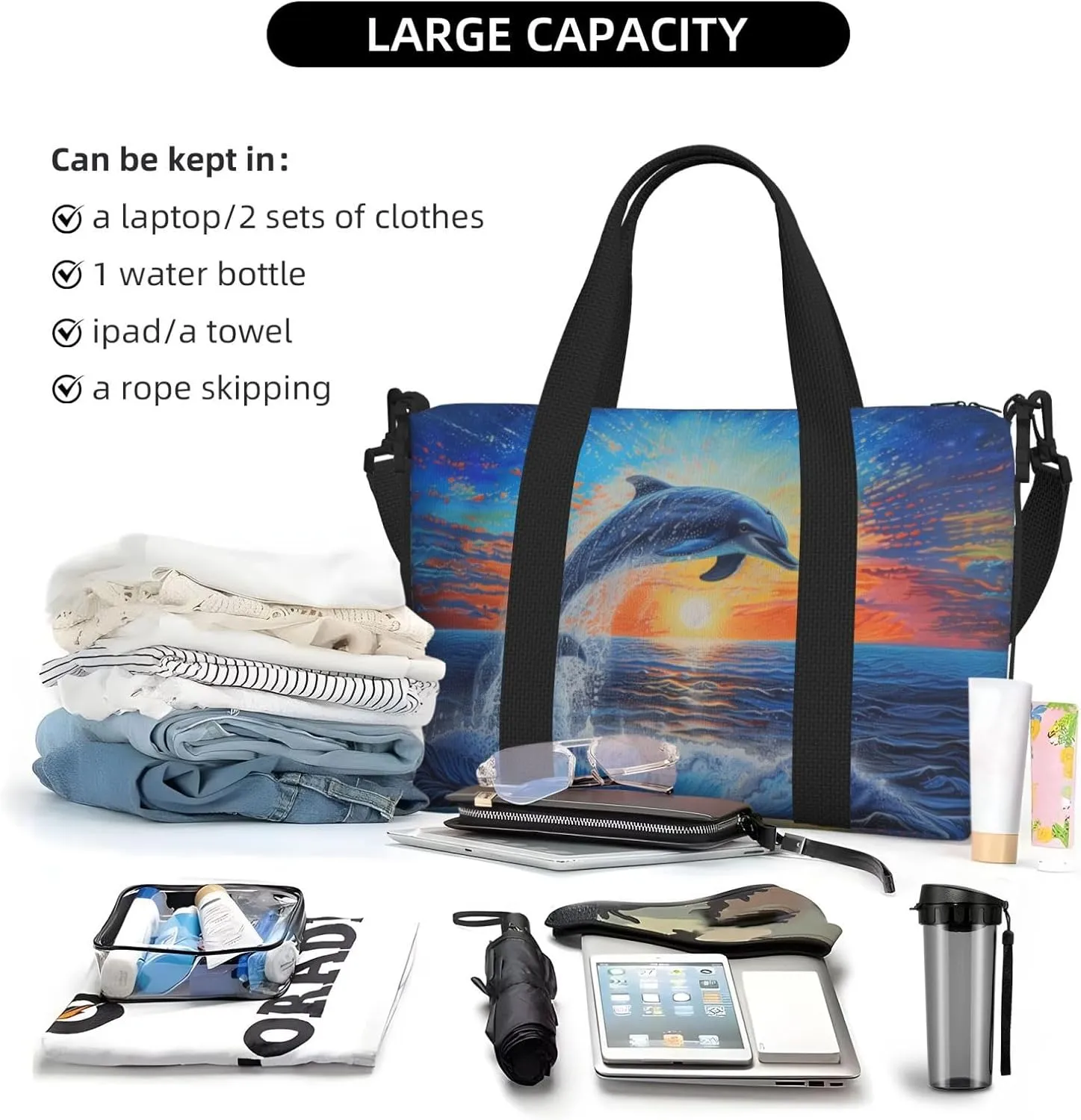 blue ocean a dolphin print Travel Duffel Bag, Sports Tote Gym Bag, Swim Pool Bag Large Shoulder Tote Bag for Beach Weekender