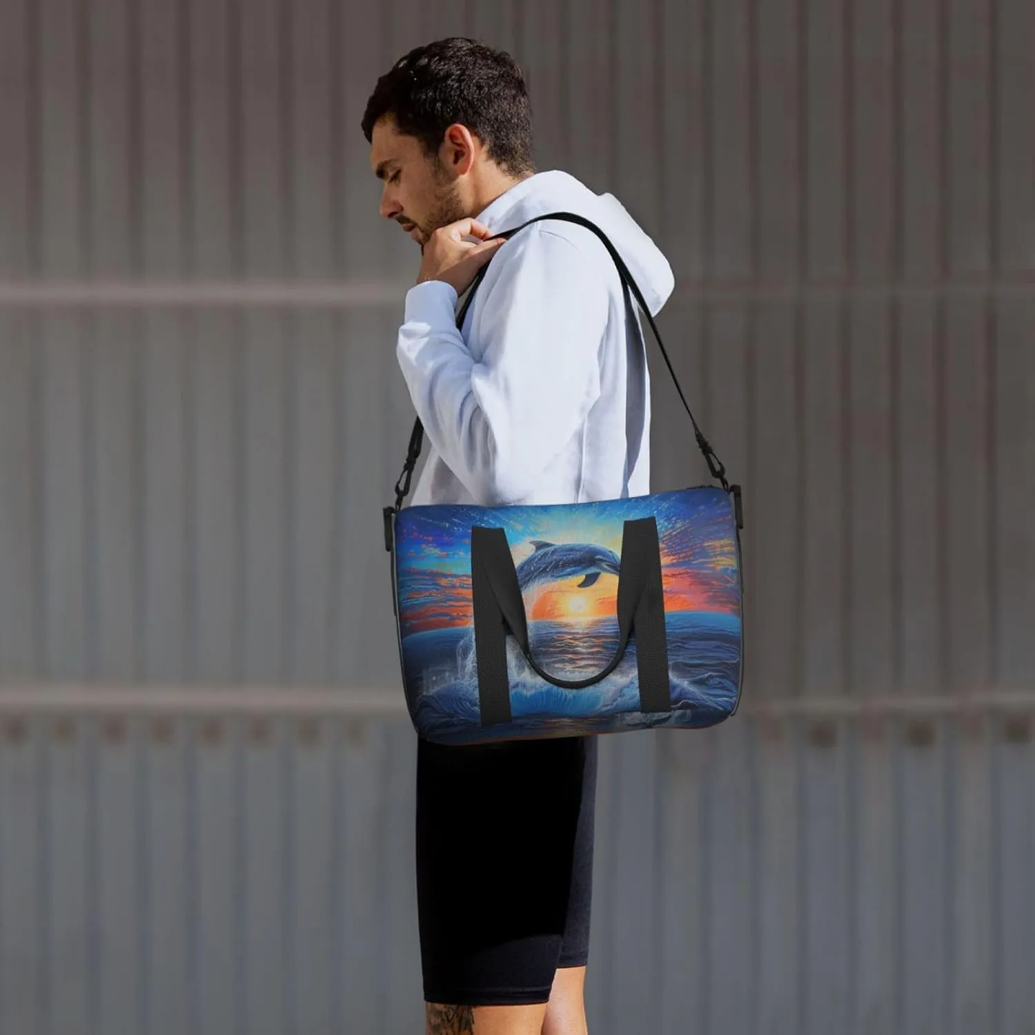blue ocean a dolphin print Travel Duffel Bag, Sports Tote Gym Bag, Swim Pool Bag Large Shoulder Tote Bag for Beach Weekender