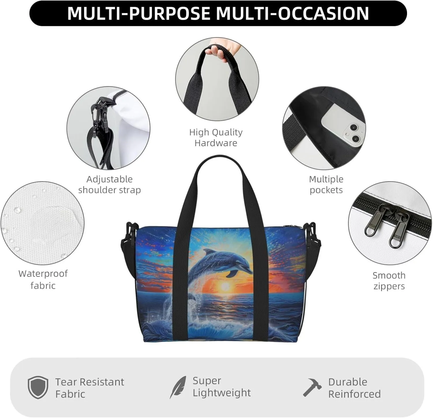 blue ocean a dolphin print Travel Duffel Bag, Sports Tote Gym Bag, Swim Pool Bag Large Shoulder Tote Bag for Beach Weekender