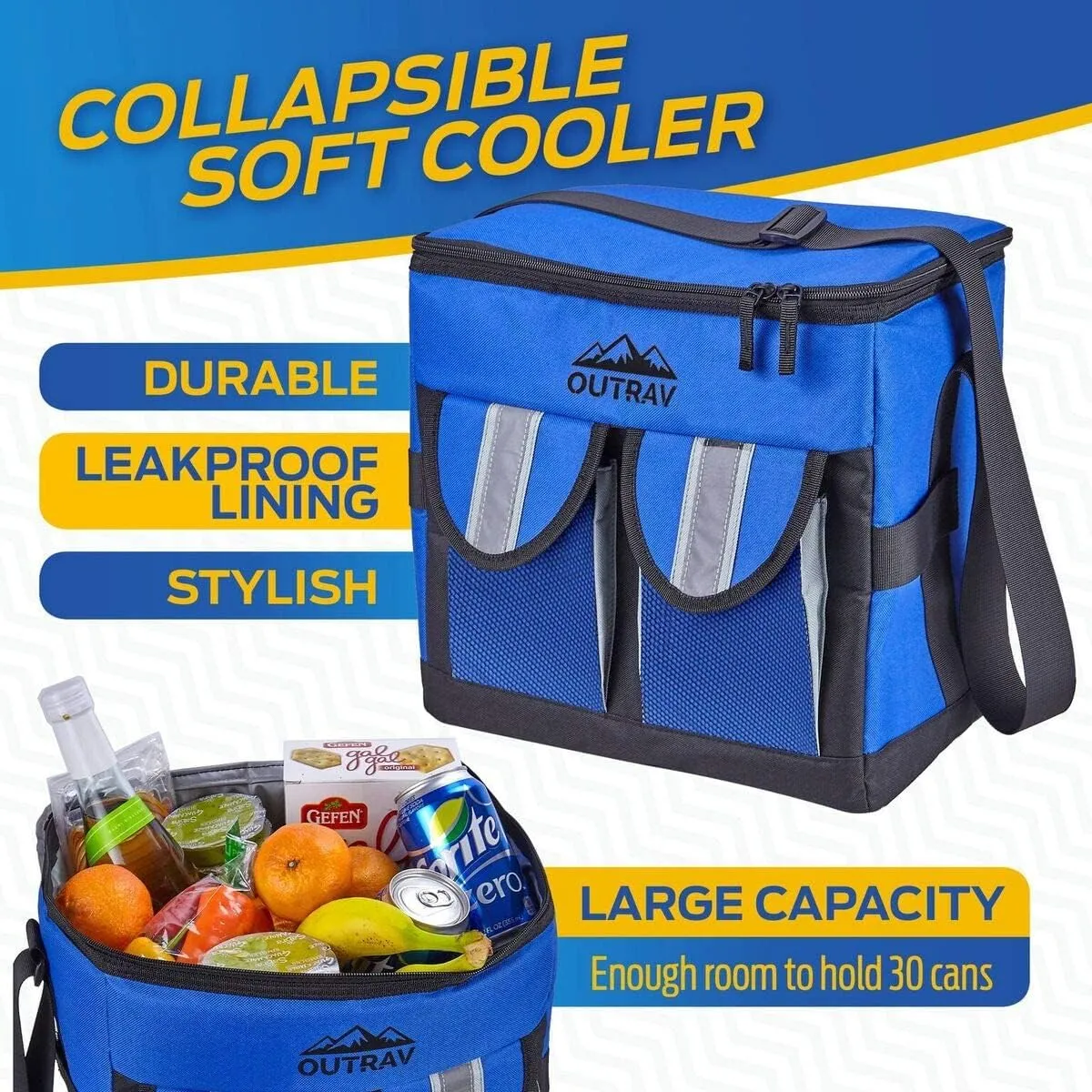 Blue Padded Insulated Cooler – 30 Can Capacity - Soft Collapsible Leak Proof Tote for Camping, Picnics and Travel – Large Main Compartment, 2 Front Pouches, Handle and Shoulder Strap - Outrav