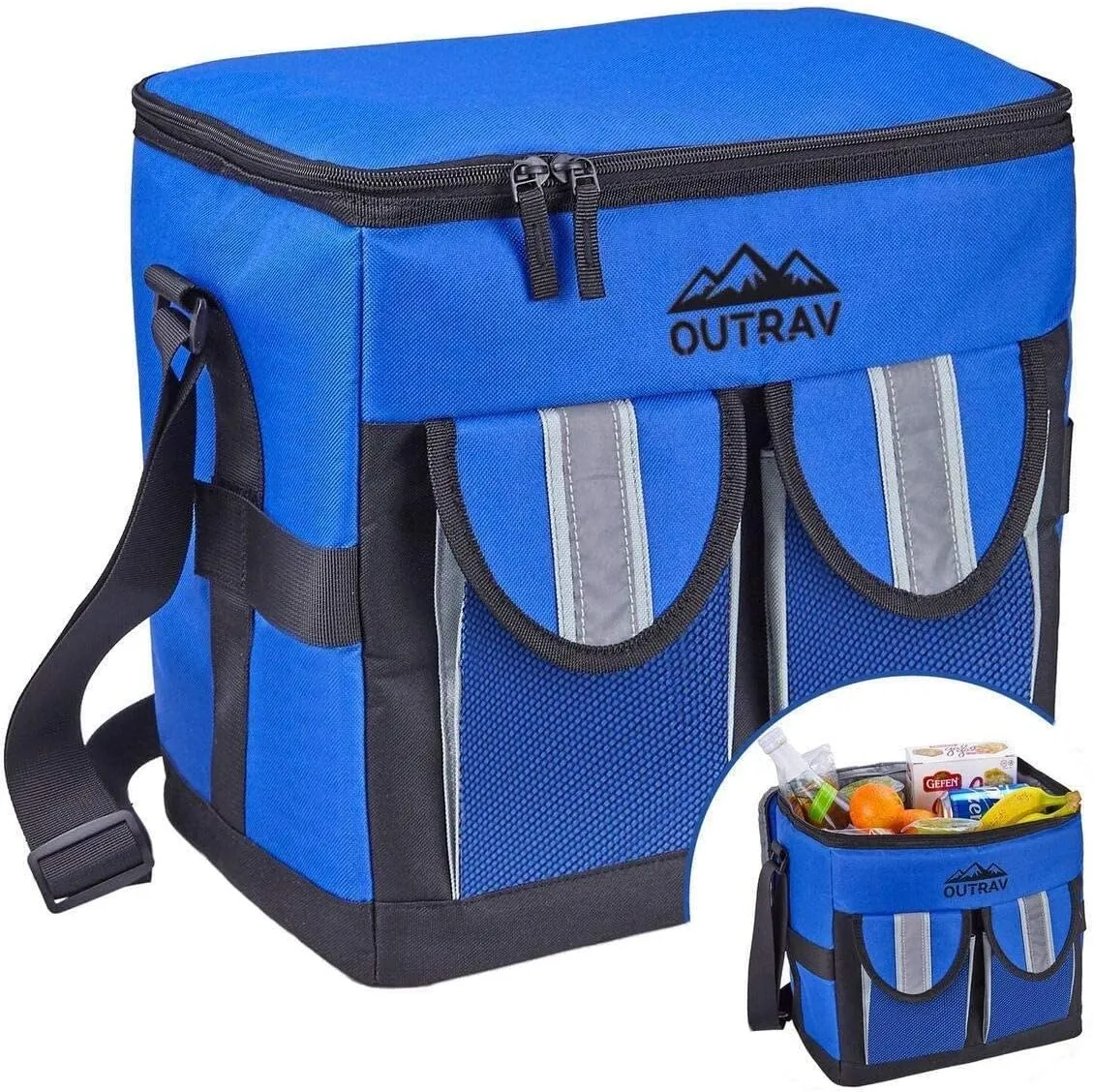 Blue Padded Insulated Cooler – 30 Can Capacity - Soft Collapsible Leak Proof Tote for Camping, Picnics and Travel – Large Main Compartment, 2 Front Pouches, Handle and Shoulder Strap - Outrav
