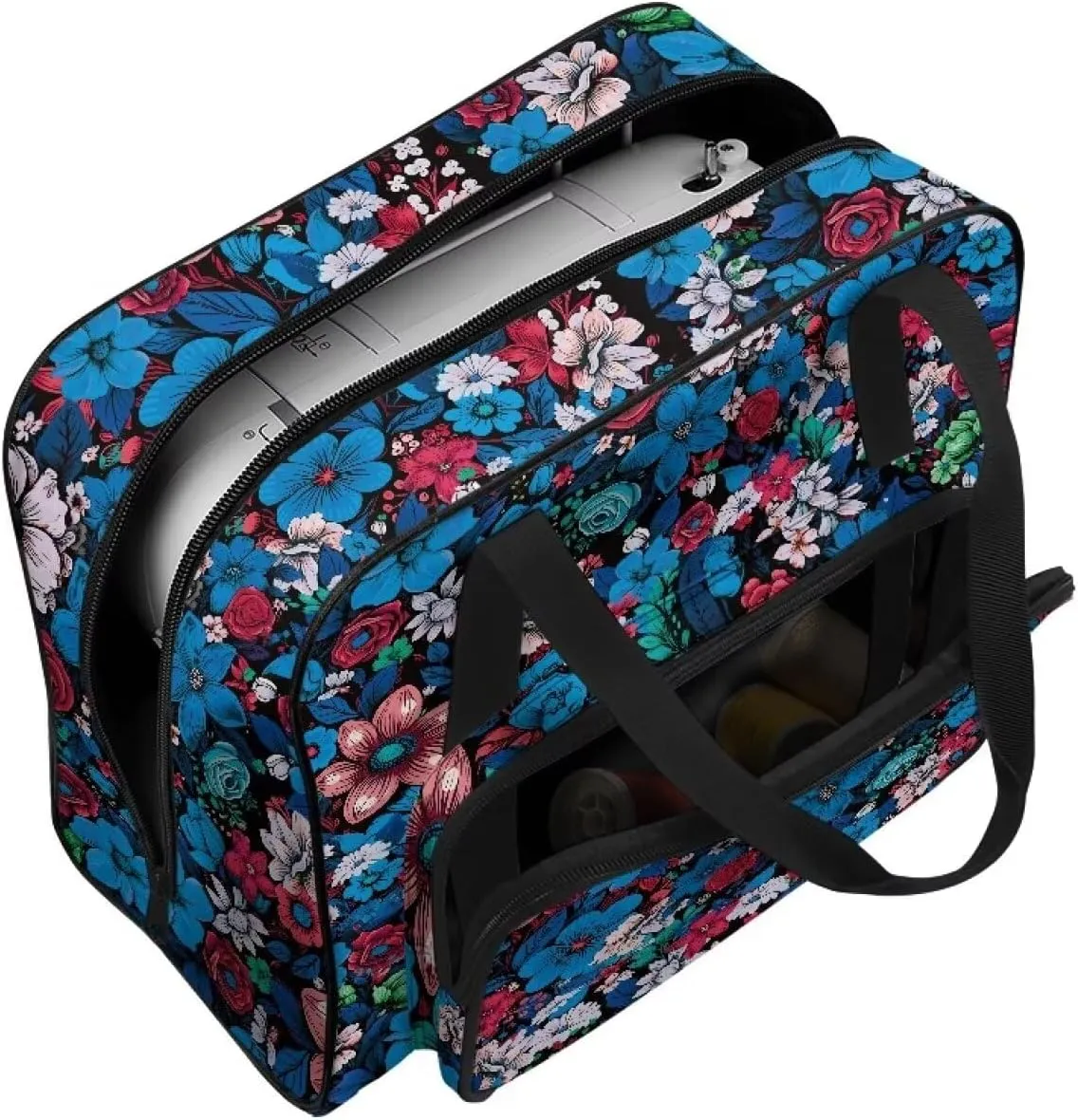 Blue Pink Flower Sewing Machine Case, Universal Travel Bag，Lightweight Dust proof Compatible for Most Standard Sewing Machines