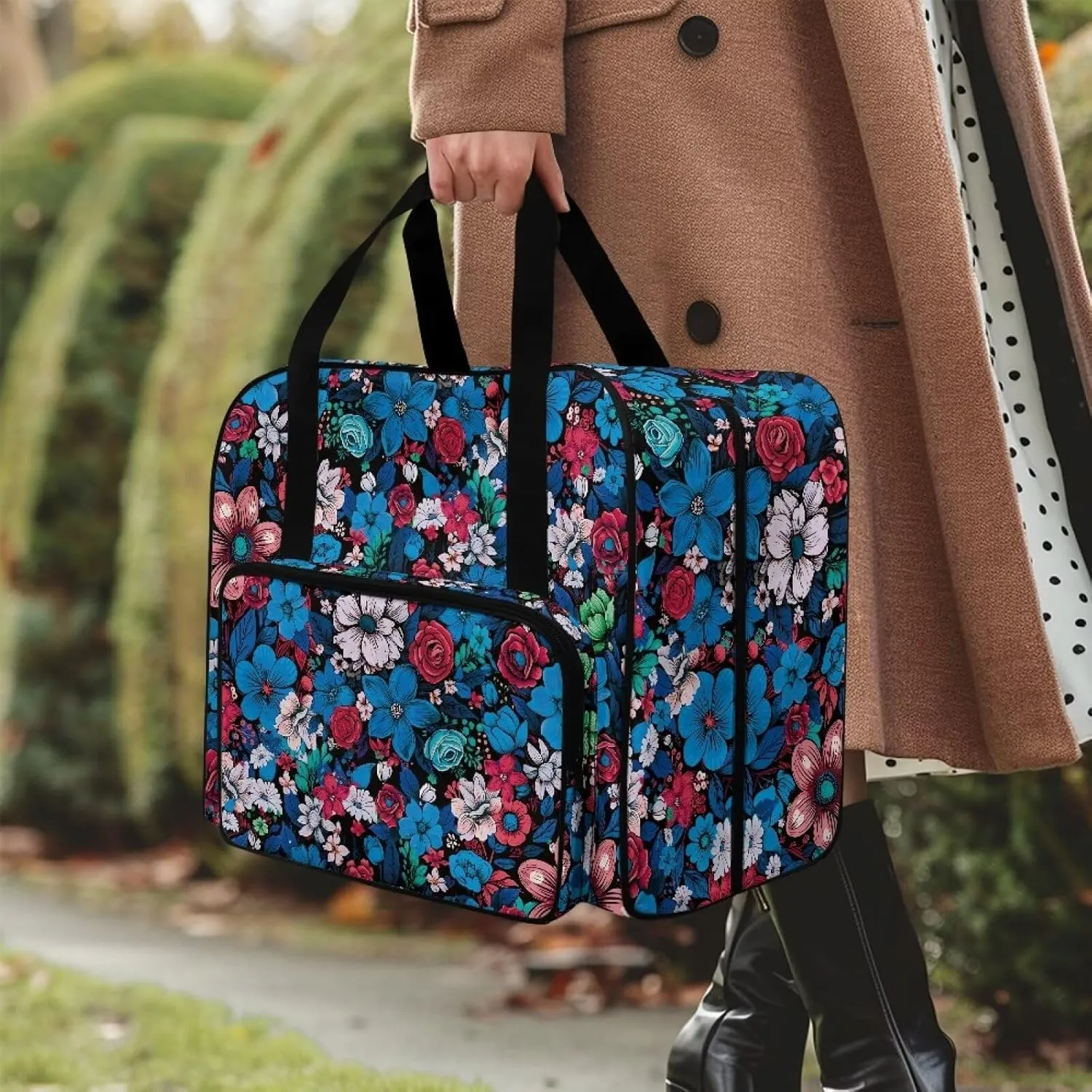Blue Pink Flower Sewing Machine Case, Universal Travel Bag，Lightweight Dust proof Compatible for Most Standard Sewing Machines