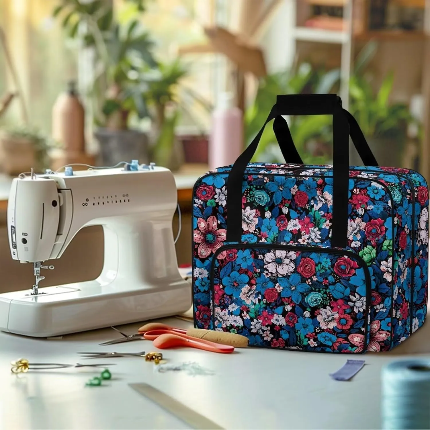 Blue Pink Flower Sewing Machine Case, Universal Travel Bag，Lightweight Dust proof Compatible for Most Standard Sewing Machines