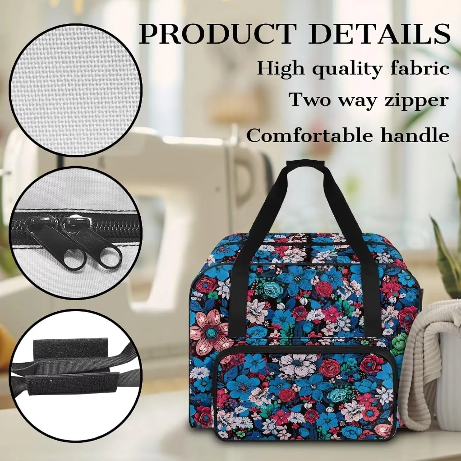 Blue Pink Flower Sewing Machine Case, Universal Travel Bag，Lightweight Dust proof Compatible for Most Standard Sewing Machines