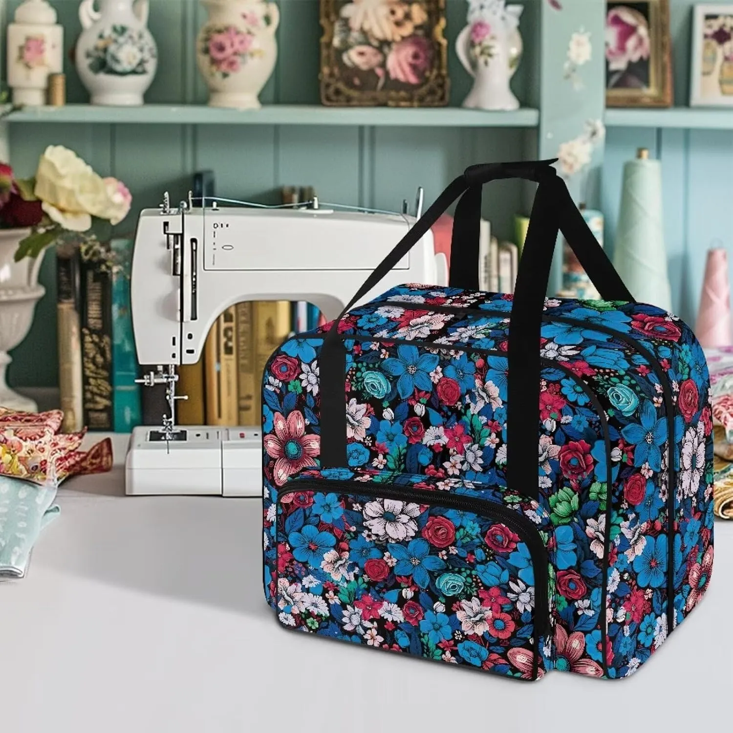 Blue Pink Flower Sewing Machine Case, Universal Travel Bag，Lightweight Dust proof Compatible for Most Standard Sewing Machines