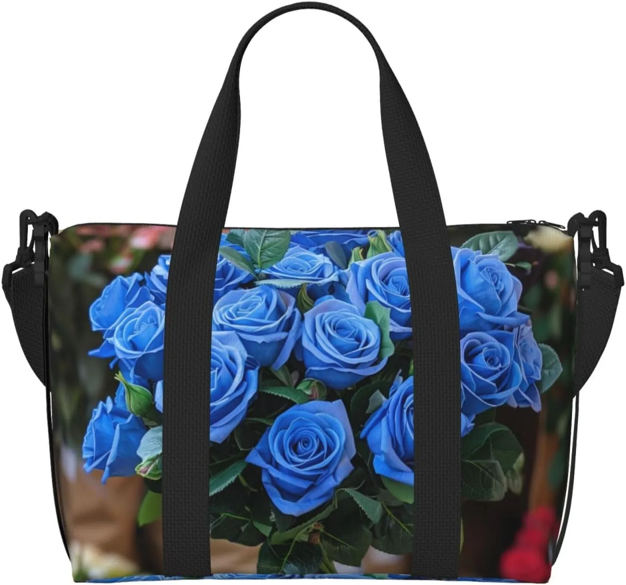 blue roses bouquet print Travel Duffel Bag, Sports Tote Gym Bag, Swim Pool Bag Large Shoulder Tote Bag for Beach Weekender