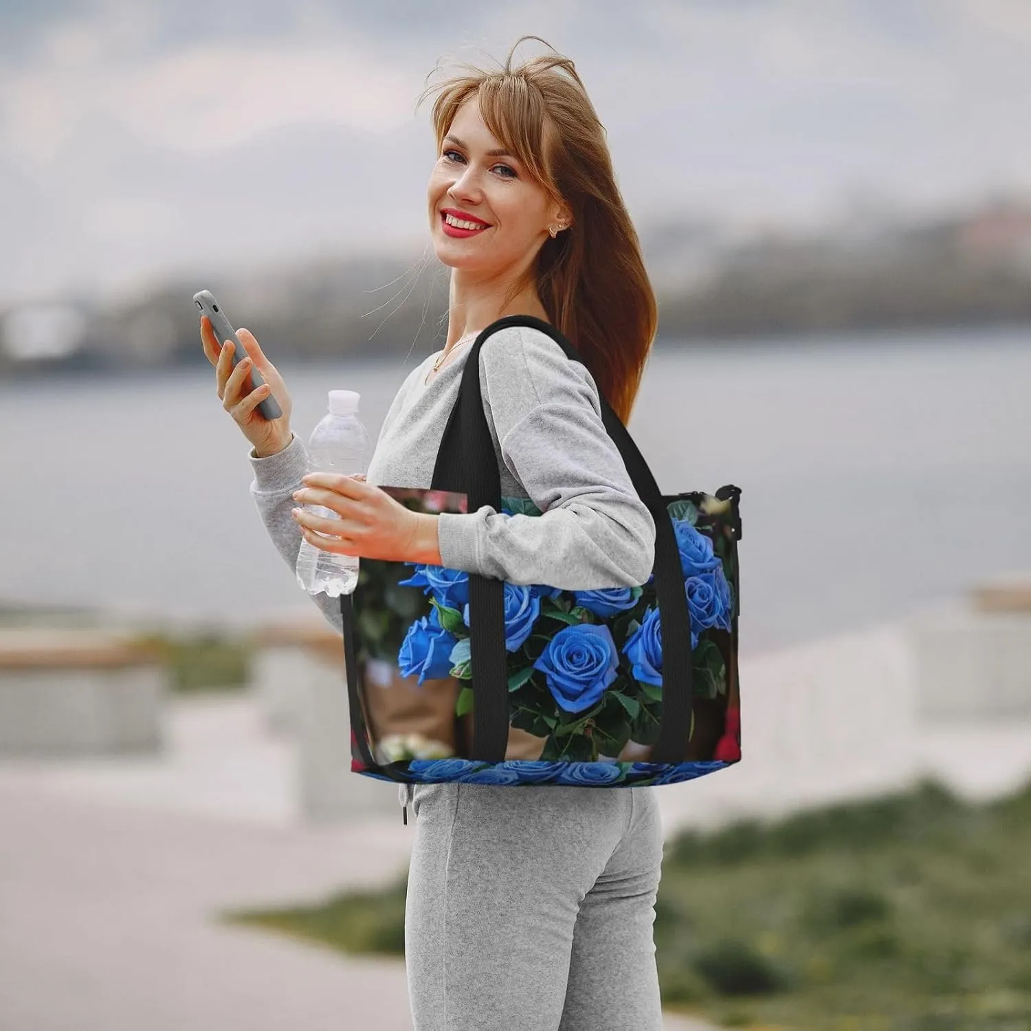 blue roses bouquet print Travel Duffel Bag, Sports Tote Gym Bag, Swim Pool Bag Large Shoulder Tote Bag for Beach Weekender