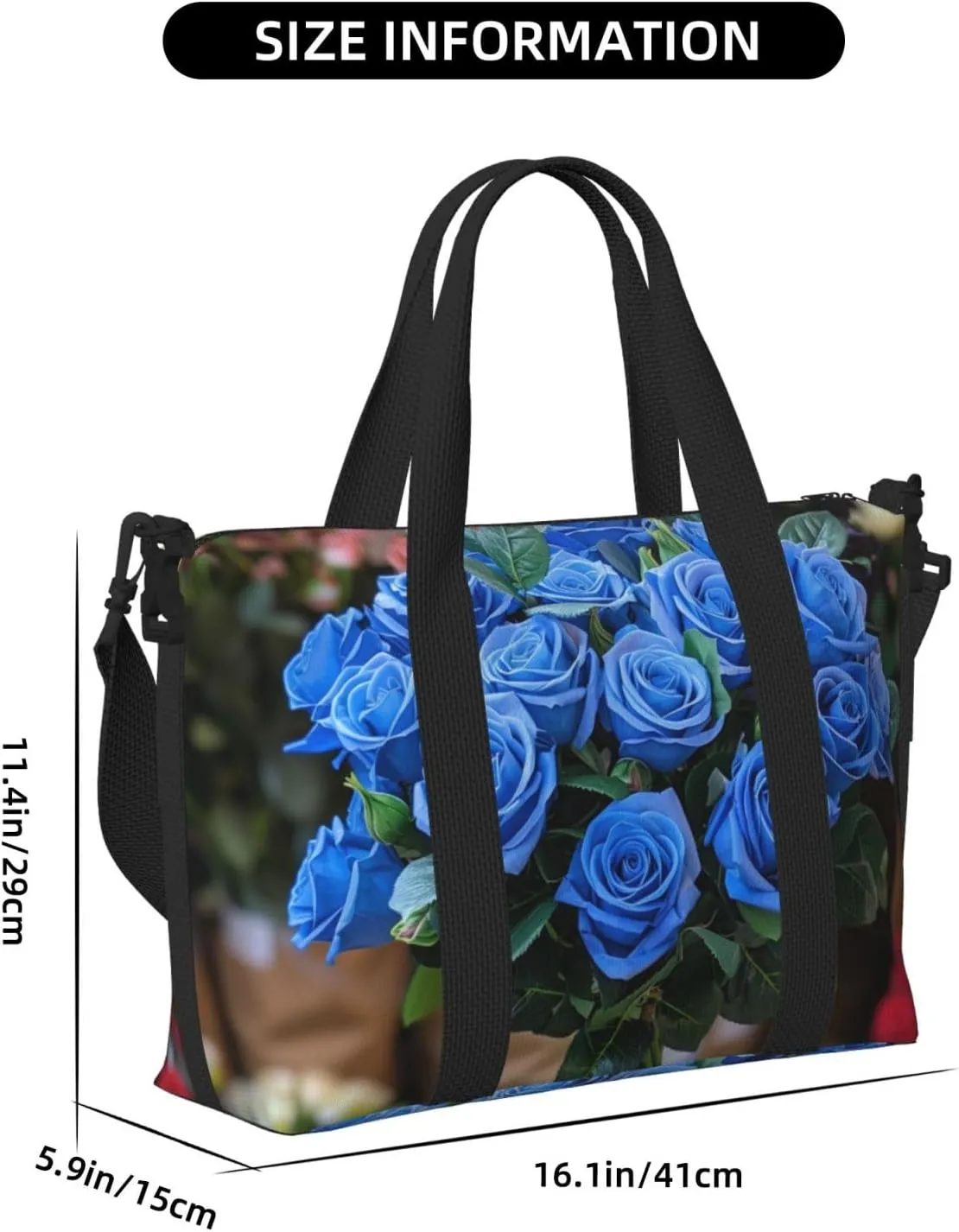 blue roses bouquet print Travel Duffel Bag, Sports Tote Gym Bag, Swim Pool Bag Large Shoulder Tote Bag for Beach Weekender