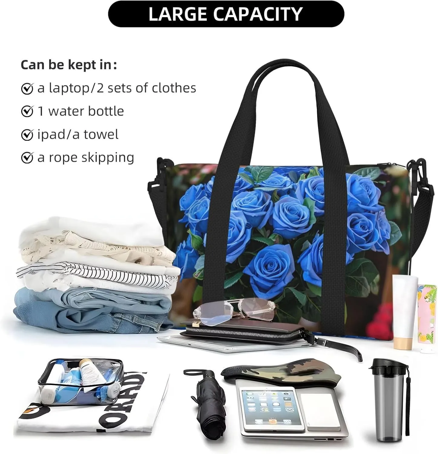 blue roses bouquet print Travel Duffel Bag, Sports Tote Gym Bag, Swim Pool Bag Large Shoulder Tote Bag for Beach Weekender