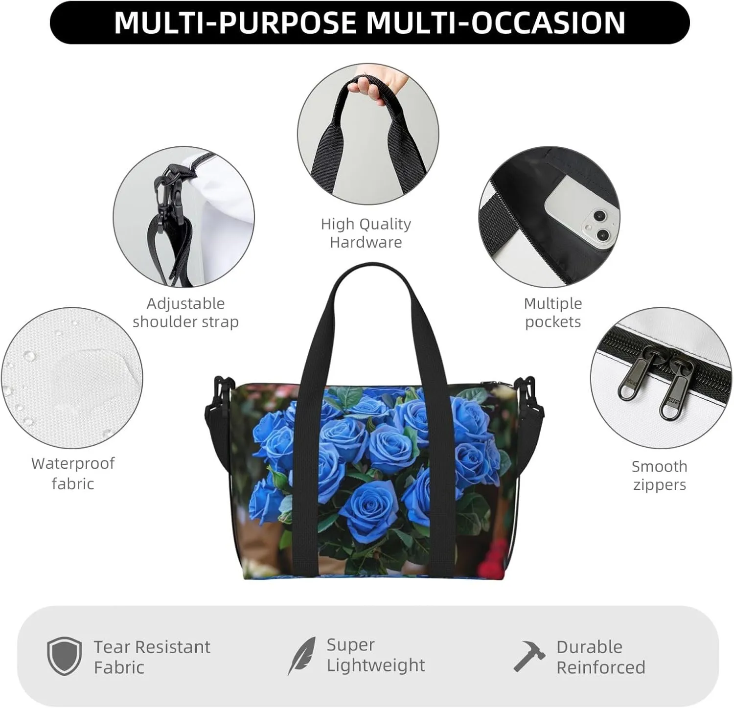 blue roses bouquet print Travel Duffel Bag, Sports Tote Gym Bag, Swim Pool Bag Large Shoulder Tote Bag for Beach Weekender
