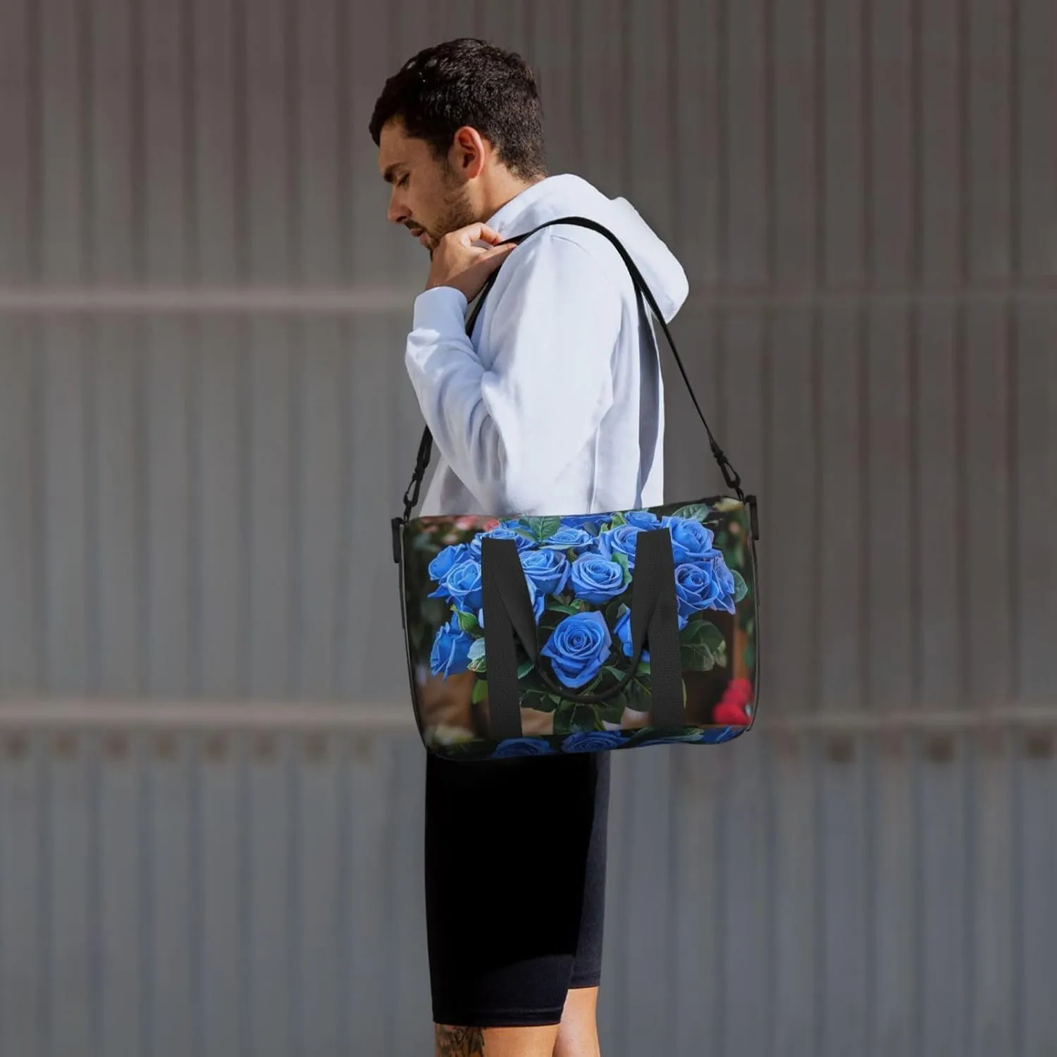 blue roses bouquet print Travel Duffel Bag, Sports Tote Gym Bag, Swim Pool Bag Large Shoulder Tote Bag for Beach Weekender