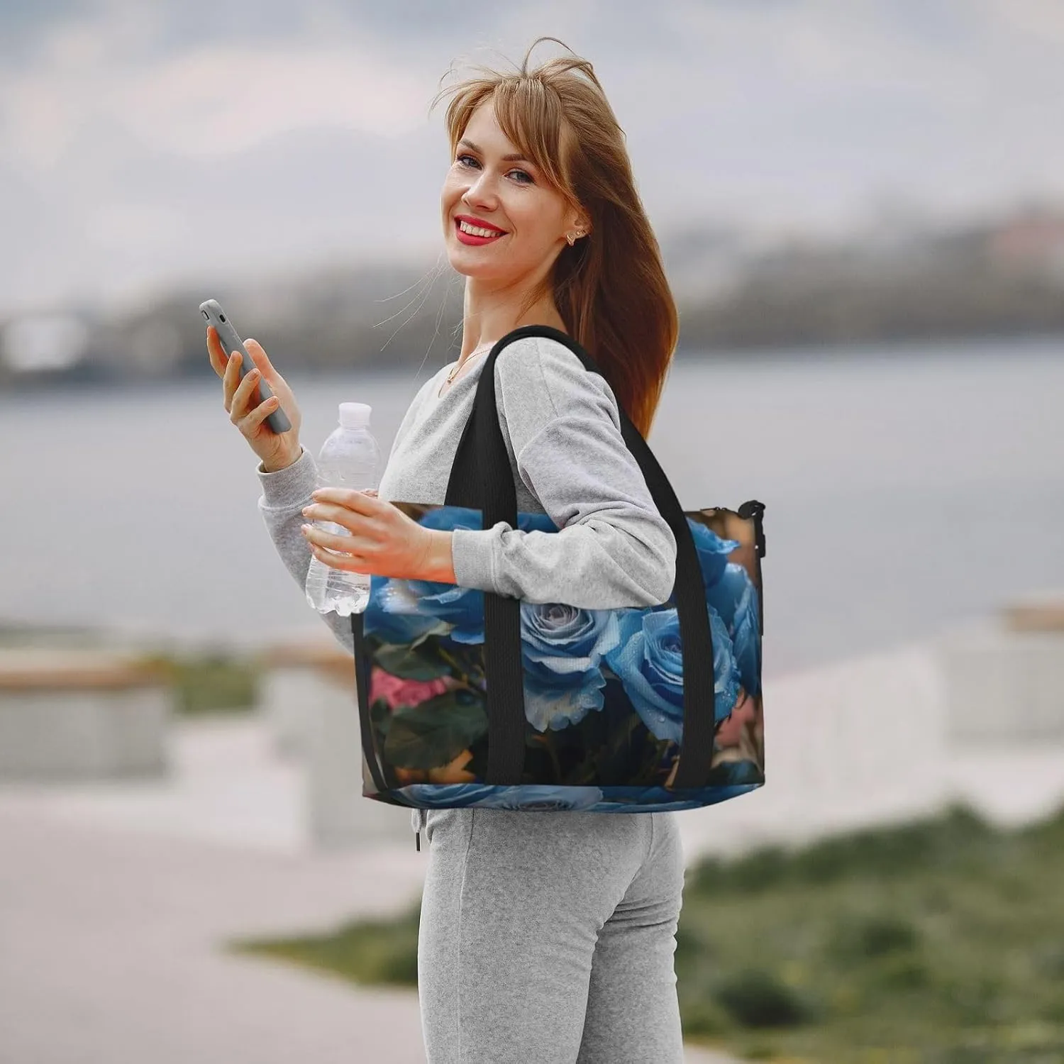 blue roses print Travel Duffel Bag, Sports Tote Gym Bag, Swim Pool Bag Large Shoulder Tote Bag for Beach Weekender