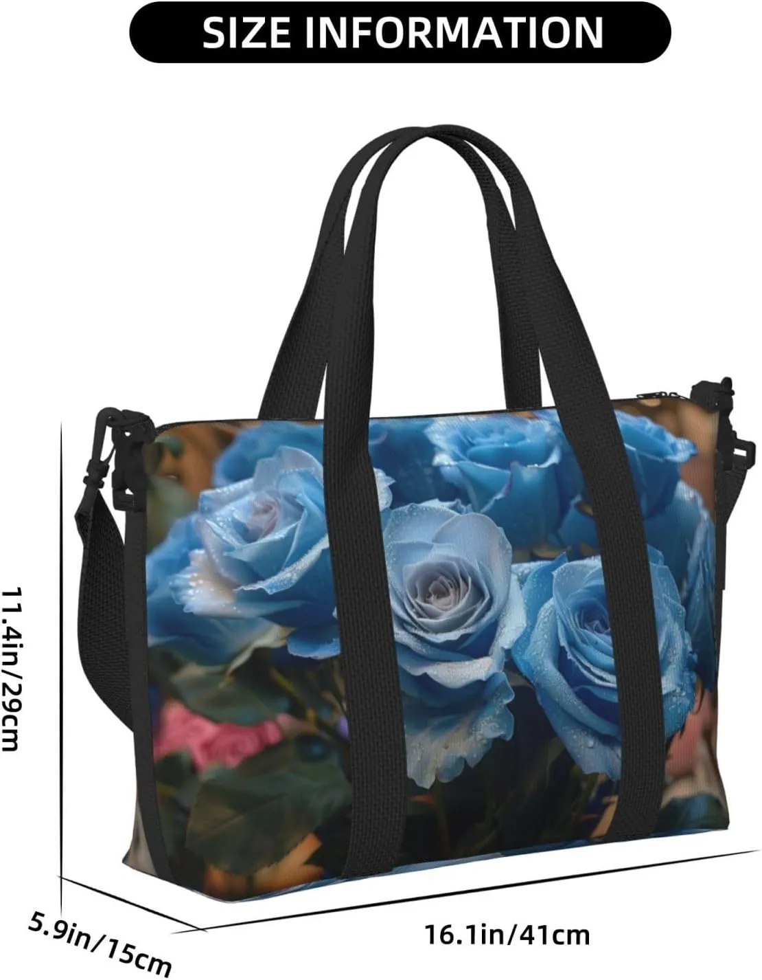blue roses print Travel Duffel Bag, Sports Tote Gym Bag, Swim Pool Bag Large Shoulder Tote Bag for Beach Weekender