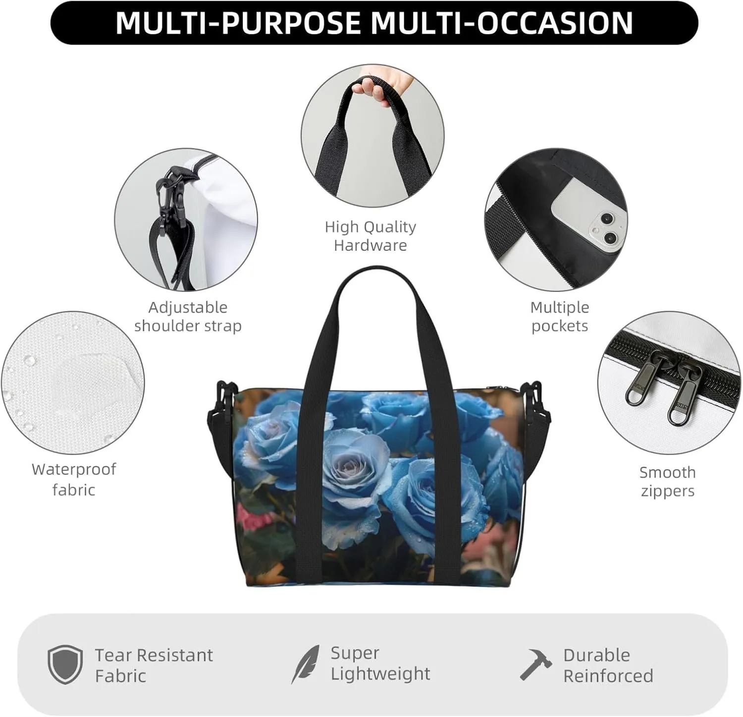 blue roses print Travel Duffel Bag, Sports Tote Gym Bag, Swim Pool Bag Large Shoulder Tote Bag for Beach Weekender