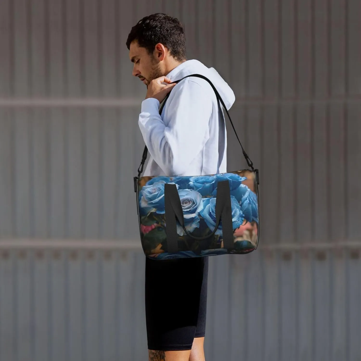 blue roses print Travel Duffel Bag, Sports Tote Gym Bag, Swim Pool Bag Large Shoulder Tote Bag for Beach Weekender