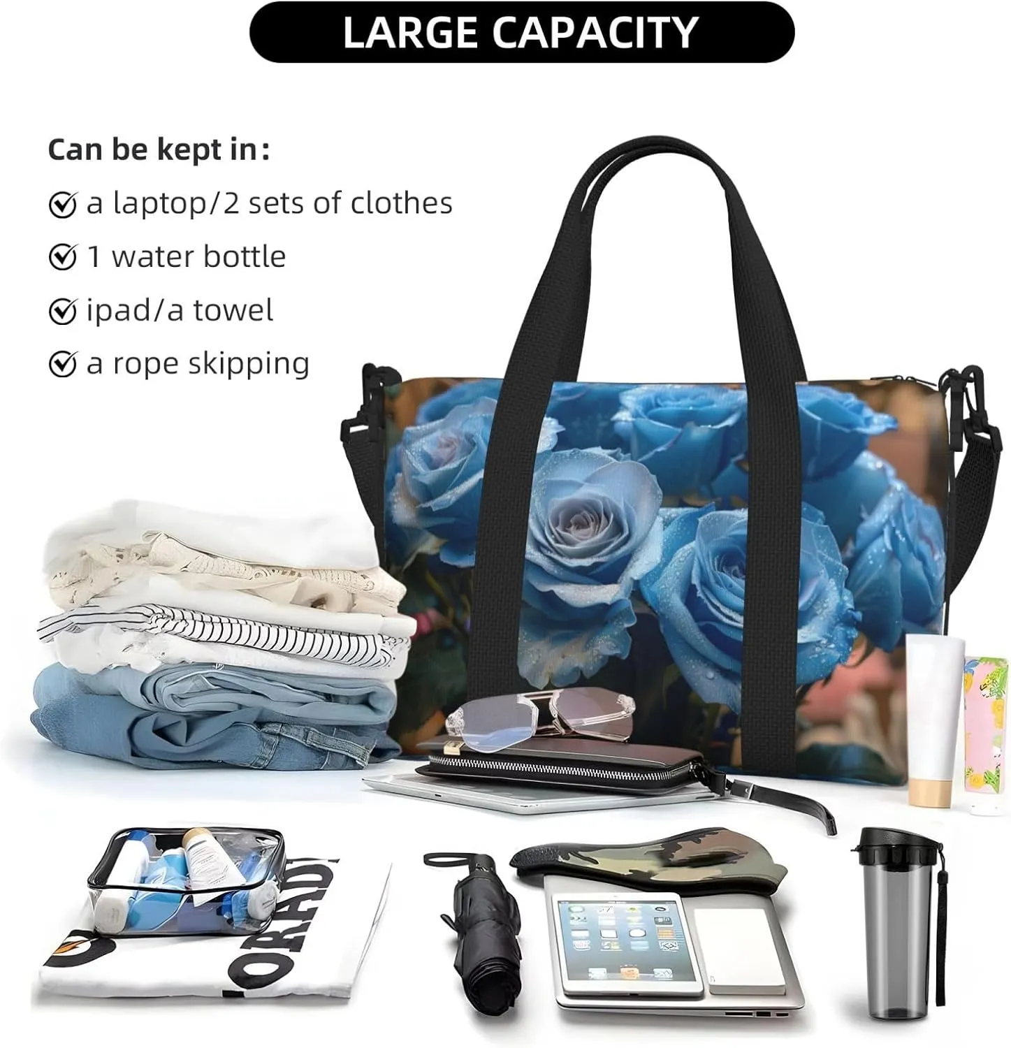 blue roses print Travel Duffel Bag, Sports Tote Gym Bag, Swim Pool Bag Large Shoulder Tote Bag for Beach Weekender