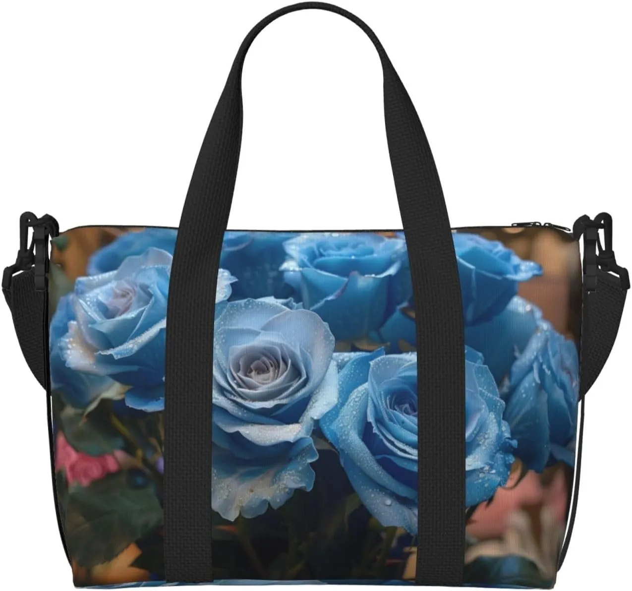 blue roses print Travel Duffel Bag, Sports Tote Gym Bag, Swim Pool Bag Large Shoulder Tote Bag for Beach Weekender