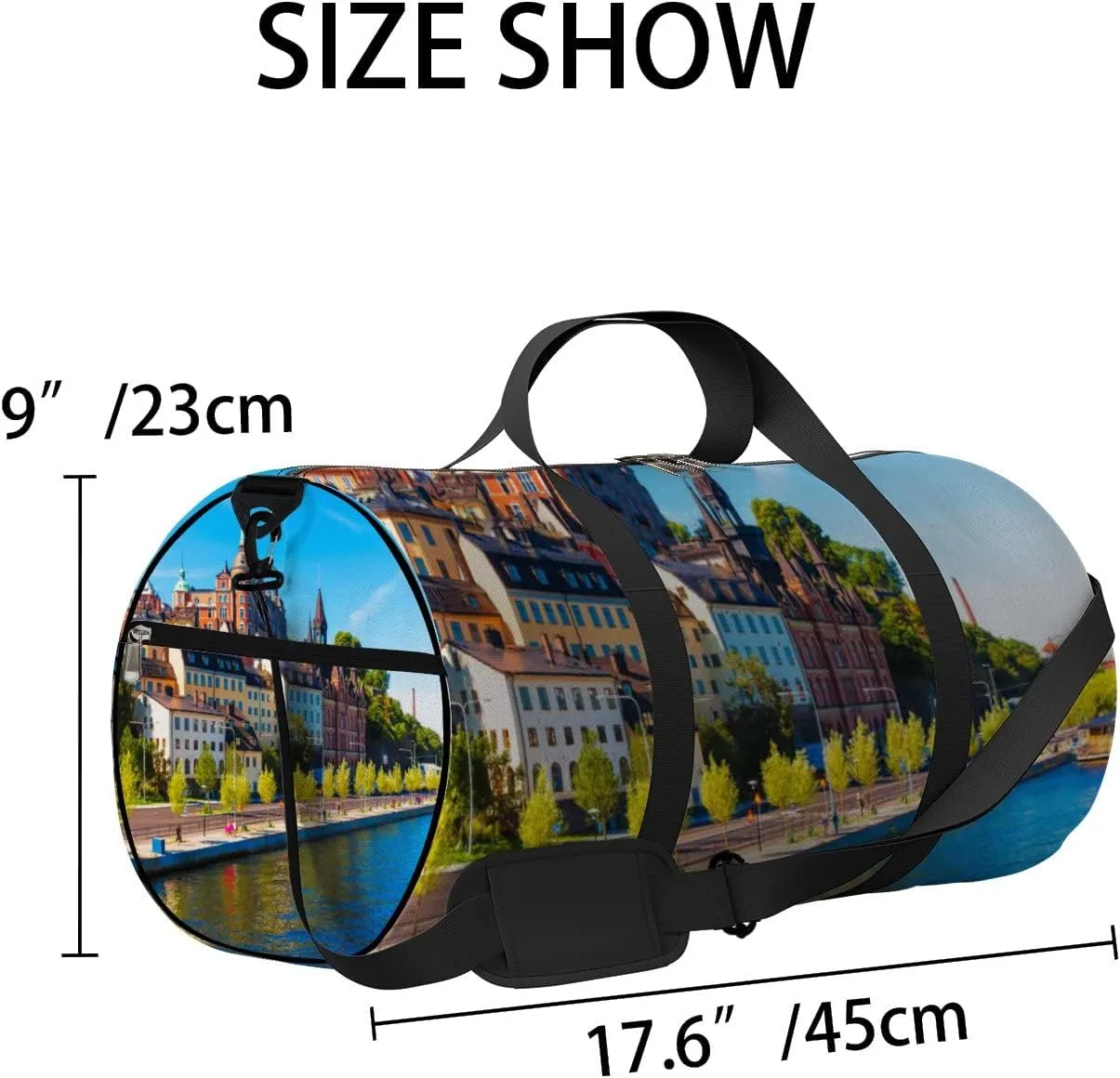 Blue Scenic Blue Summer View Old Town Pier Sports Bag Tote Bag Waterproof Gym Bag with Shoulder Strap Zipper 2 Side Pockets for Men and Women, Travel and Storage Shoulder Bag.