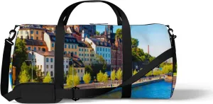 Blue Scenic Blue Summer View Old Town Pier Sports Bag Tote Bag Waterproof Gym Bag with Shoulder Strap Zipper 2 Side Pockets for Men and Women, Travel and Storage Shoulder Bag.