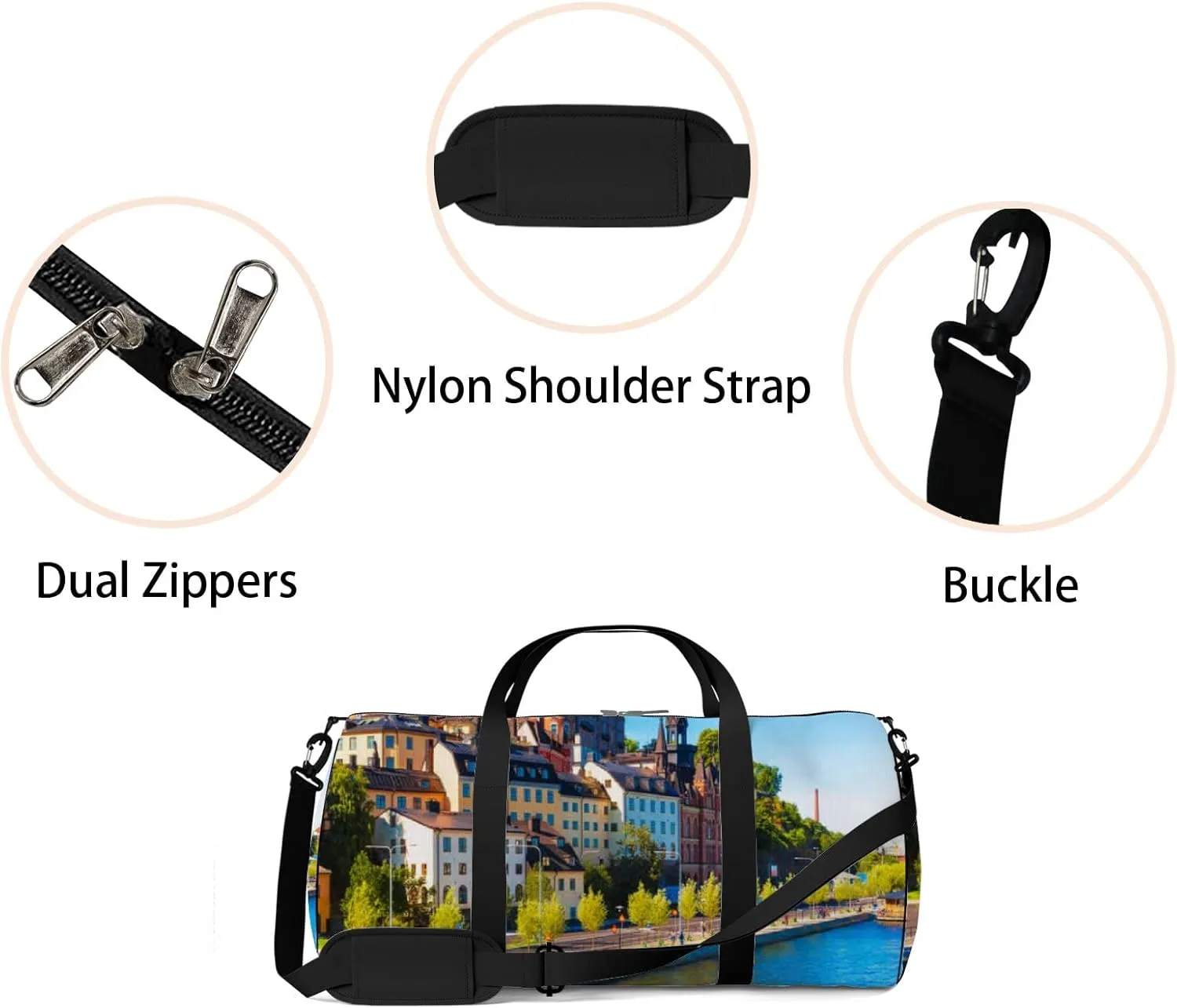 Blue Scenic Blue Summer View Old Town Pier Sports Bag Tote Bag Waterproof Gym Bag with Shoulder Strap Zipper 2 Side Pockets for Men and Women, Travel and Storage Shoulder Bag.
